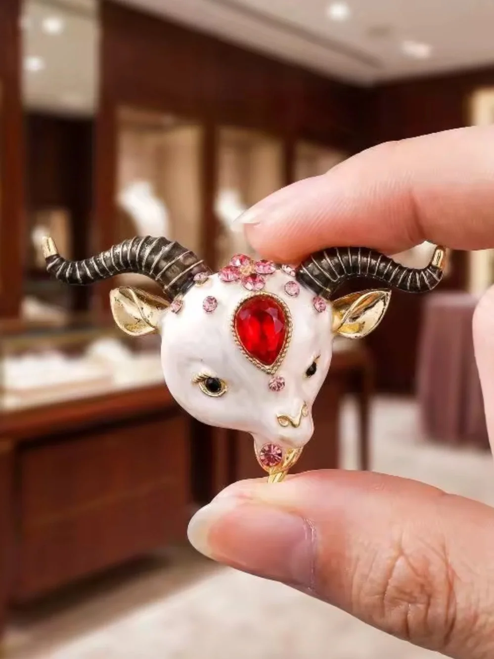 Ram Head Ruby Red Crystal Gold Brooch